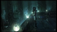 Night woman headphones street City Lights cyberpunk cities 