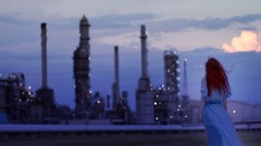 Night woman Skyscrapers buildings cityscapes redheads 