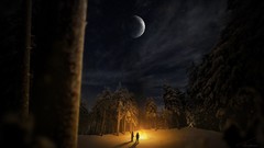 Night Wood fire moon