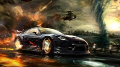 nissan gt-r Car digital art Helicopters fire explosion render