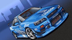 nissan skyline gt-r artwork blue cars vehicle cityscape Nissan