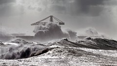 Ocean black and white storm dock waves
