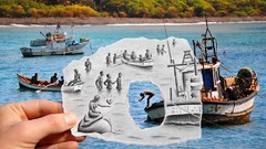 Ocean Boats swimming Ben Heine Pencil Vs Camera
