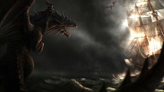 Ocean dark ships Dragons fantasy art