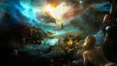 Ocean destruction tsunami waves spaceships observe outer space 