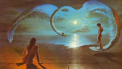 Ocean love wings couple paintings Swans romantic sunlight 