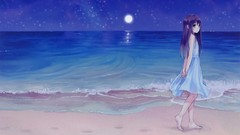 Ocean moon Beaches reflections anime girls