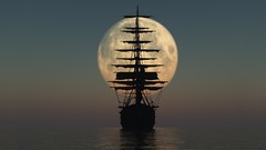 Ocean moon ships silhouettes sail ship