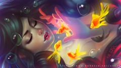 Ocean woman bubbles fish goldfish underwater