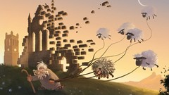 Old man Bricks flying sheepdog digital art sheeps