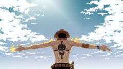 One Piece portgas d ace Anime standing Arms sky clouds hat back