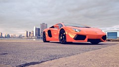 Orange cars cityscapes Supercars Lamborghini-Aventador