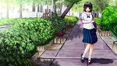 Outdoors anime girls brown eyes school uniforms short hair 
