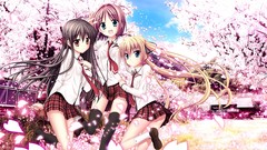 Outdoors blondes skirts pink hair long hair anime girls blue 