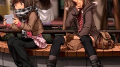 Outdoors scarfs anime girls brown eyes brunettes original 