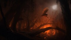 owl fire forest fantasy art Animals burning nature dark Trees