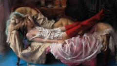 Paint woman blondes couch red socks