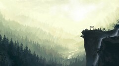 painting valley Japan Asia sky Trees waterfall landscape nature