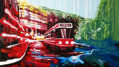 Paintings bus buildings cityscapes artwork traditional art 