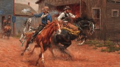 Paintings Cowboys Horses Battle