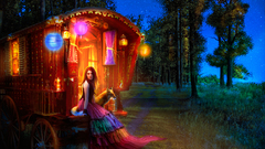 Paintings gypsy wagons foxes