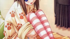 Pajamas anime girls brunettes school uniforms striped legwear