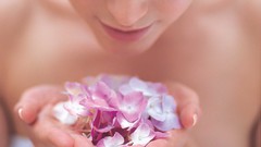 Palm woman lips flower petals depth of field