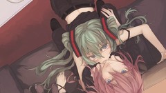 Pants hugging couch pink hair long hair anime girls blue eyes 