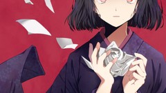 Paper red eyes kimono male anime girls short hair black hair 