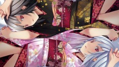 Patterns white hair red eyes kimono blush black hair Japanese 