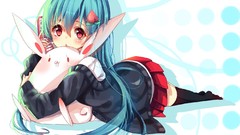 Peaches red eyes stockings hoodies skirts blush blue hair long 