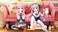 Penguins sitting skirts couch blush pink hair long hair anime 
