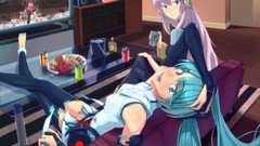 Photoshop headphones pink hair long hair anime girls blue eyes 