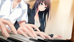 Piano long hair anime girls blue eyes black hair piano keys 