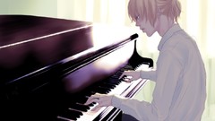 Piano tears sitting sad shirts pants blondes ponytails