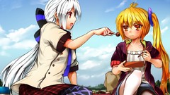 Picnic red eyes blondes long hair skies vocaloid yowane haku 