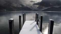 pier nature clouds water Mountains sky snow winter