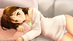 Pillows couch anime girls brown eyes brunettes short hair 