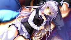 Pillows skirts couch long hair anime girls hair bow lying down 