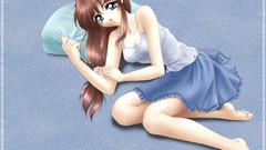 Pillows skirts long hair barefoot blue eyes brunettes lying down