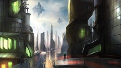 Pilot buildings spaceships science fiction skies hovercraft 