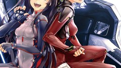 Pilot sitting smiling long hair anime girls brown eyes 