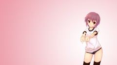 Pink background anime girls brown eyes short hair nagato yuki 