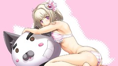 Pink background barefoot anime girls short hair purple eyes 