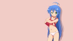 Pink background blue hair long hair anime girls green eyes 