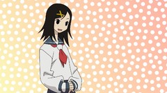 Pink background dots schoolgirls skirts blush long hair anime 