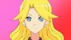 Pink background faces earrings blondes long hair anime girls 