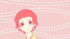 Pink background faces pink hair pink eyes anime girls short 