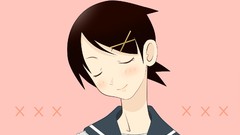 Pink background faces schoolgirls blush smiling anime girls 