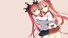 Pink background horns red eyes Ribbons skirts long hair anime 